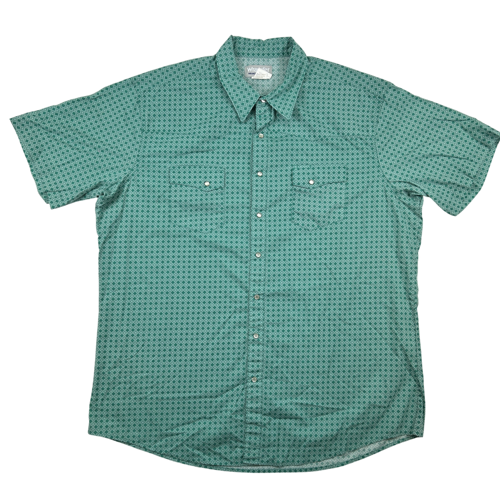 Wrangler Shirt Mens 2XL Tall Pearl Snap Western Green Diamond Print Rodeo
